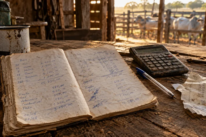 Caderno de anotações gasto, com contas à mão riscadas, calculadora e nota amassada sobre a mesa do curral