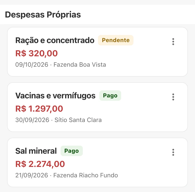 Lista de despesas do app: ração e concentrado pendente, vacinas e vermífugos pago, sal mineral pago