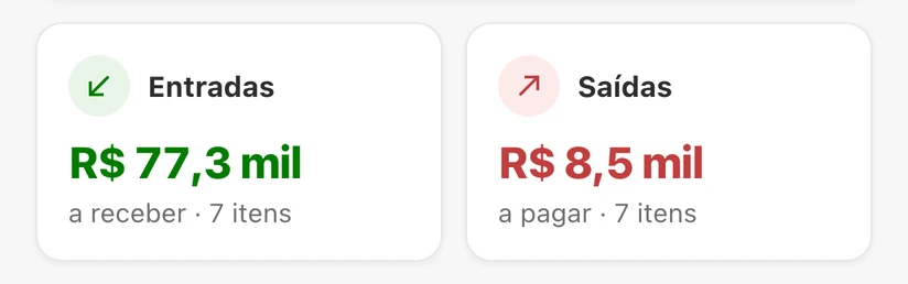 Entradas e saídas do mês no app, com o que falta receber e pagar