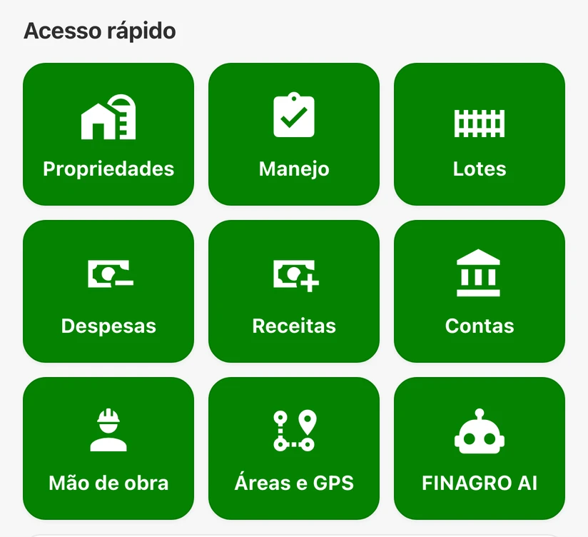 Atalhos que o app abre para piscicultura