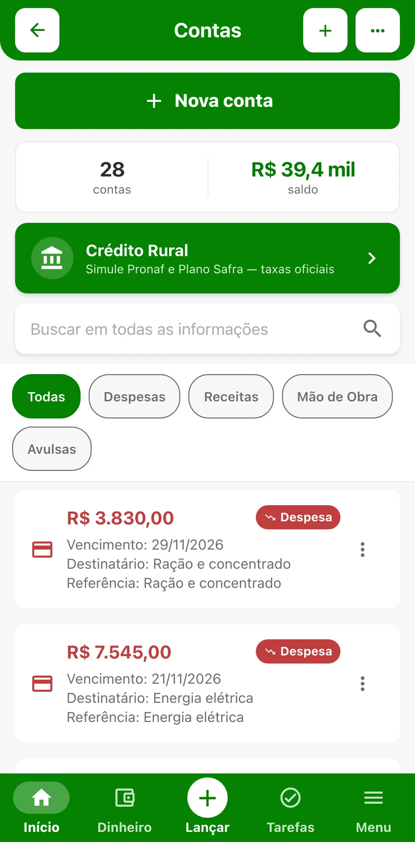 Contas a pagar e a receber da fazenda no FINAGRO