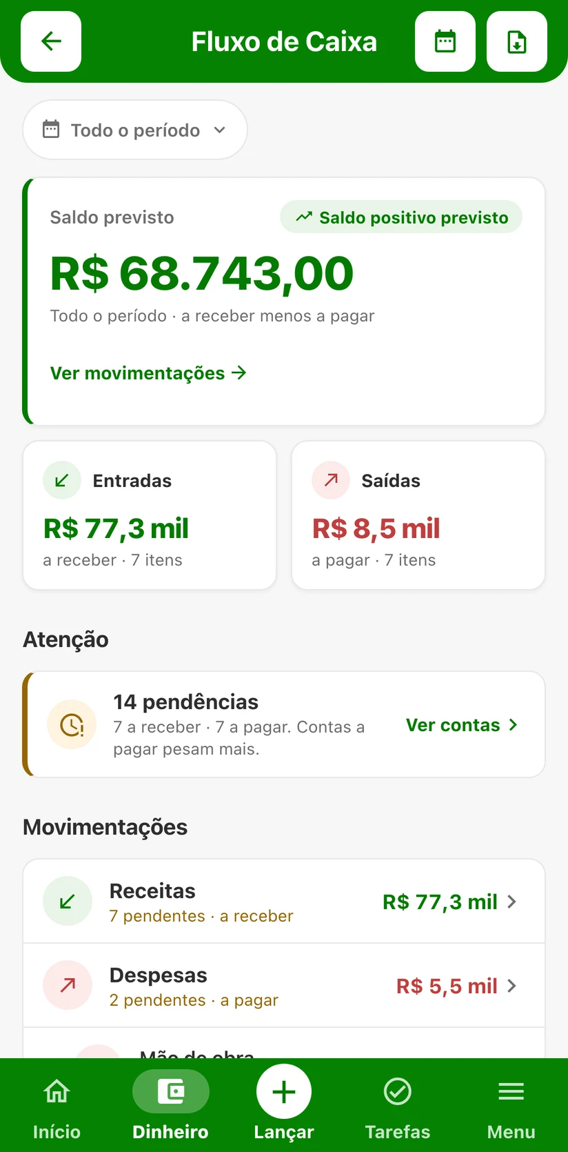 Fluxo de caixa do FINAGRO com o saldo previsto, entradas e saídas