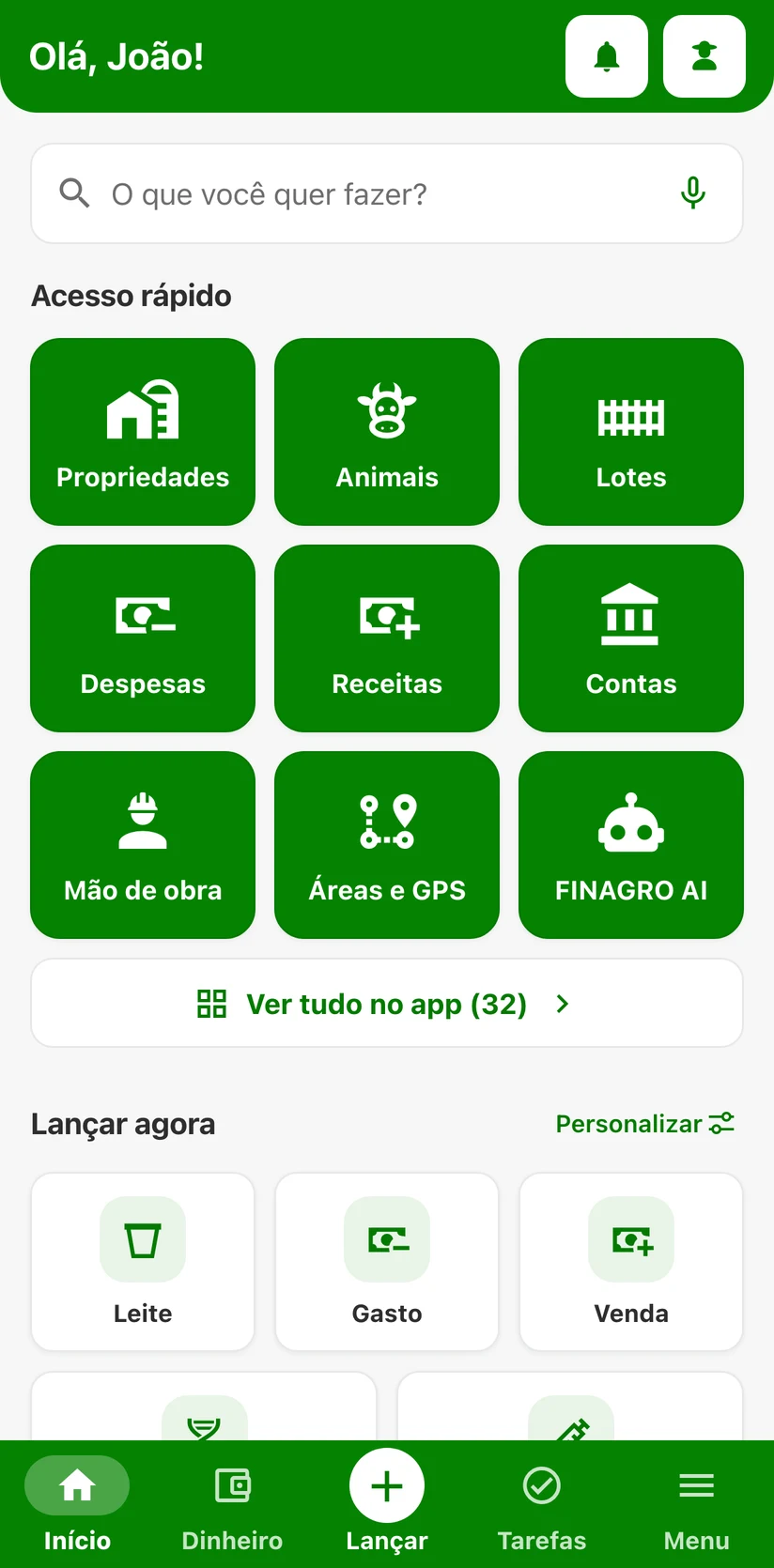 Tela inicial do FINAGRO: atalhos de Propriedades, Animais, Lotes, Despesas, Receitas, Contas, Mão de obra, Áreas e GPS e FINAGRO AI