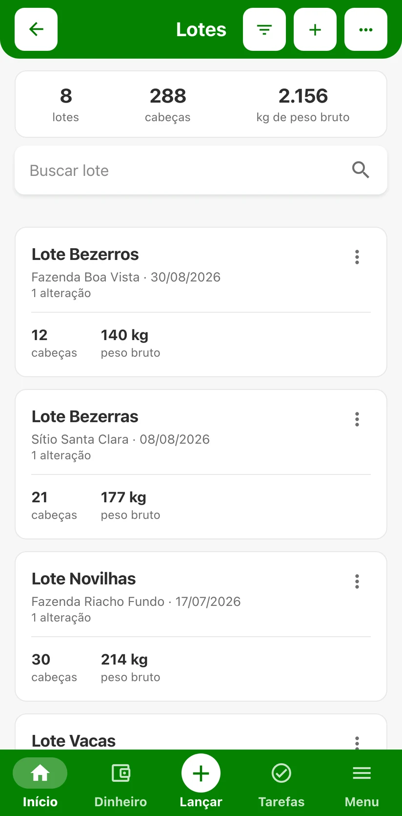 Lotes do FINAGRO com cabeças e peso bruto de cada lote