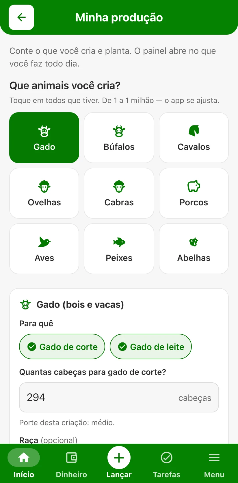 Tela Minha produção do FINAGRO, onde você conta o que cria e planta