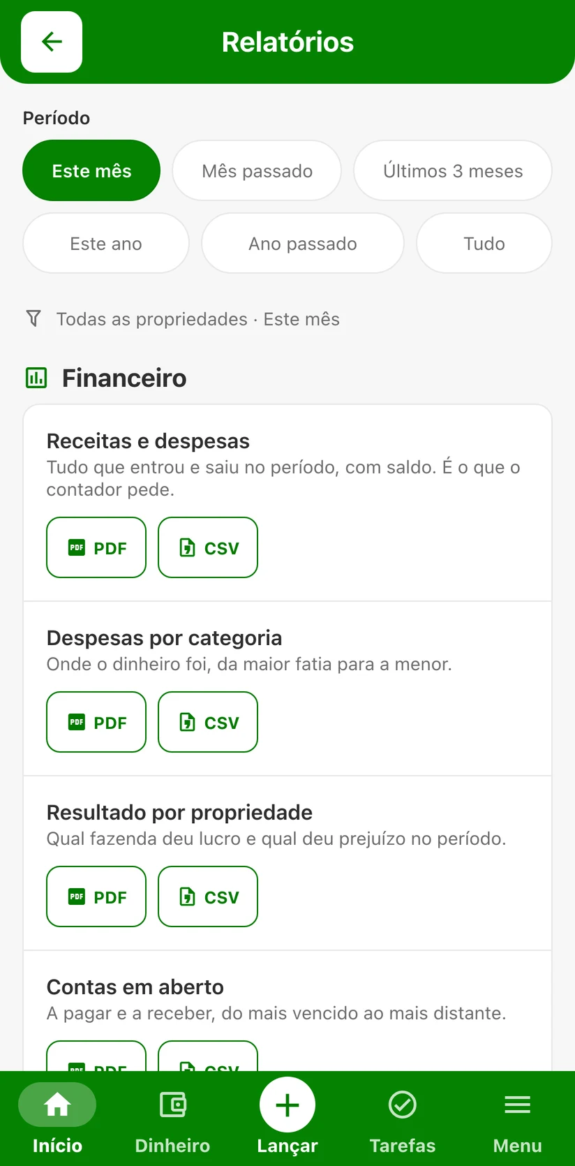 Relatórios do FINAGRO em PDF e planilha: receitas e despesas, despesas por categoria e resultado por fazenda