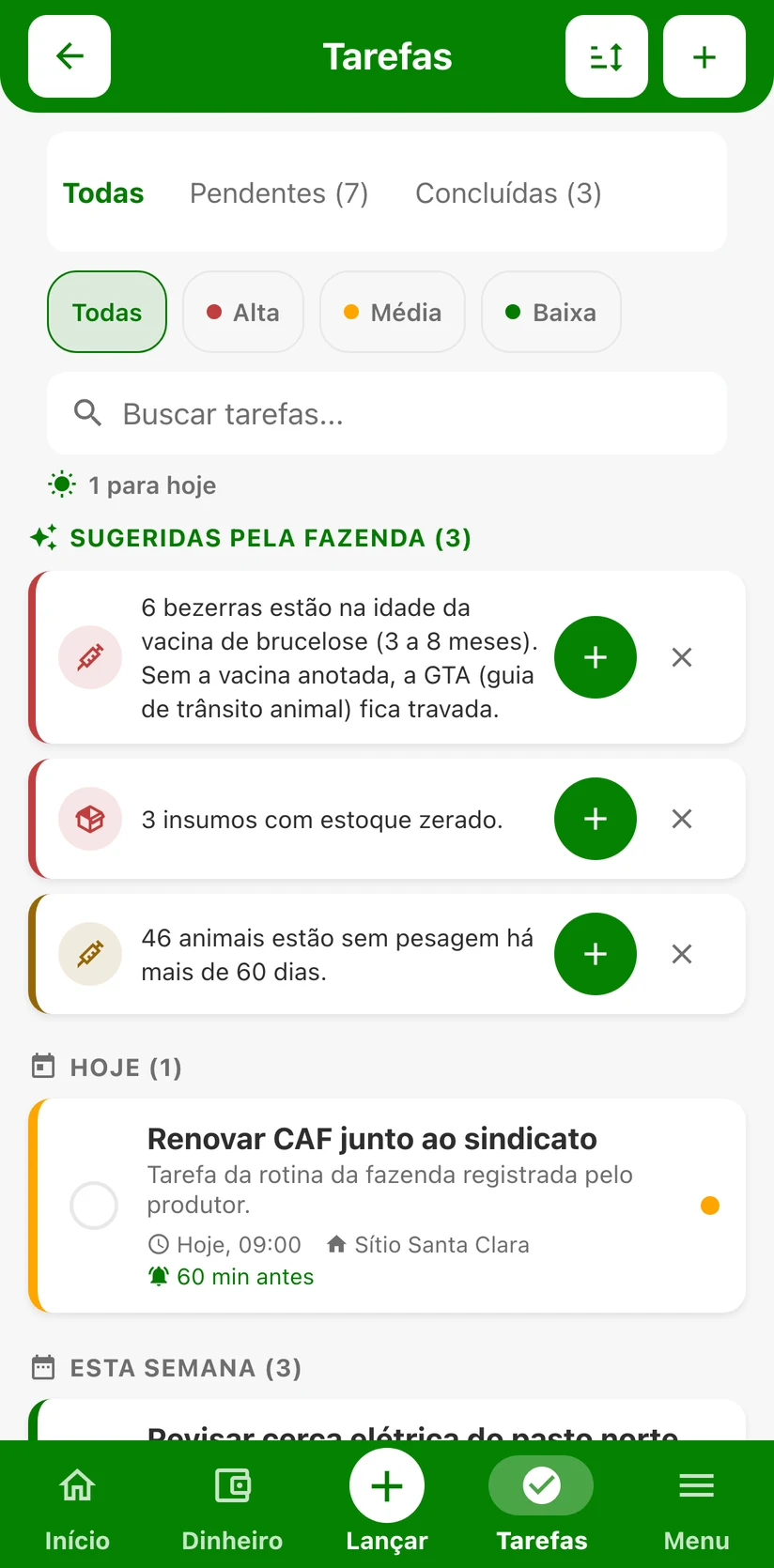 Tarefas sugeridas pela fazenda no FINAGRO, com o alerta da vacina de brucelose que trava a GTA
